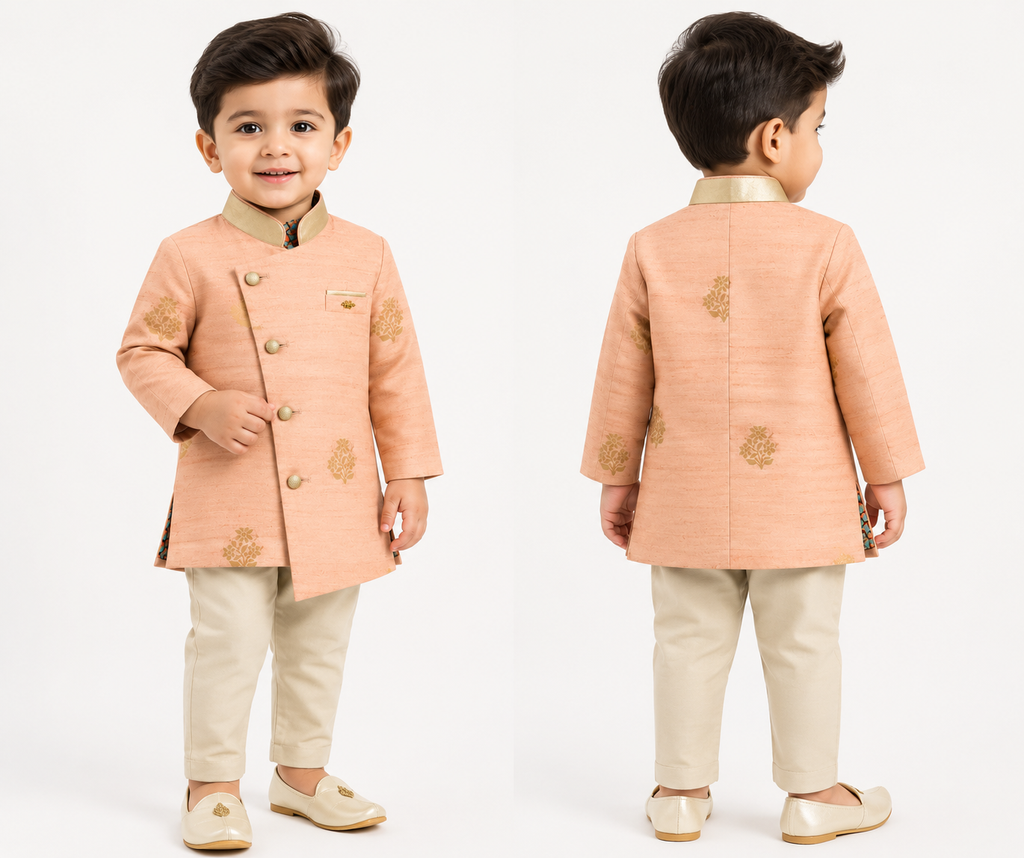 Boys Peach Designer Indo-Western Sherwani Set with Trouser