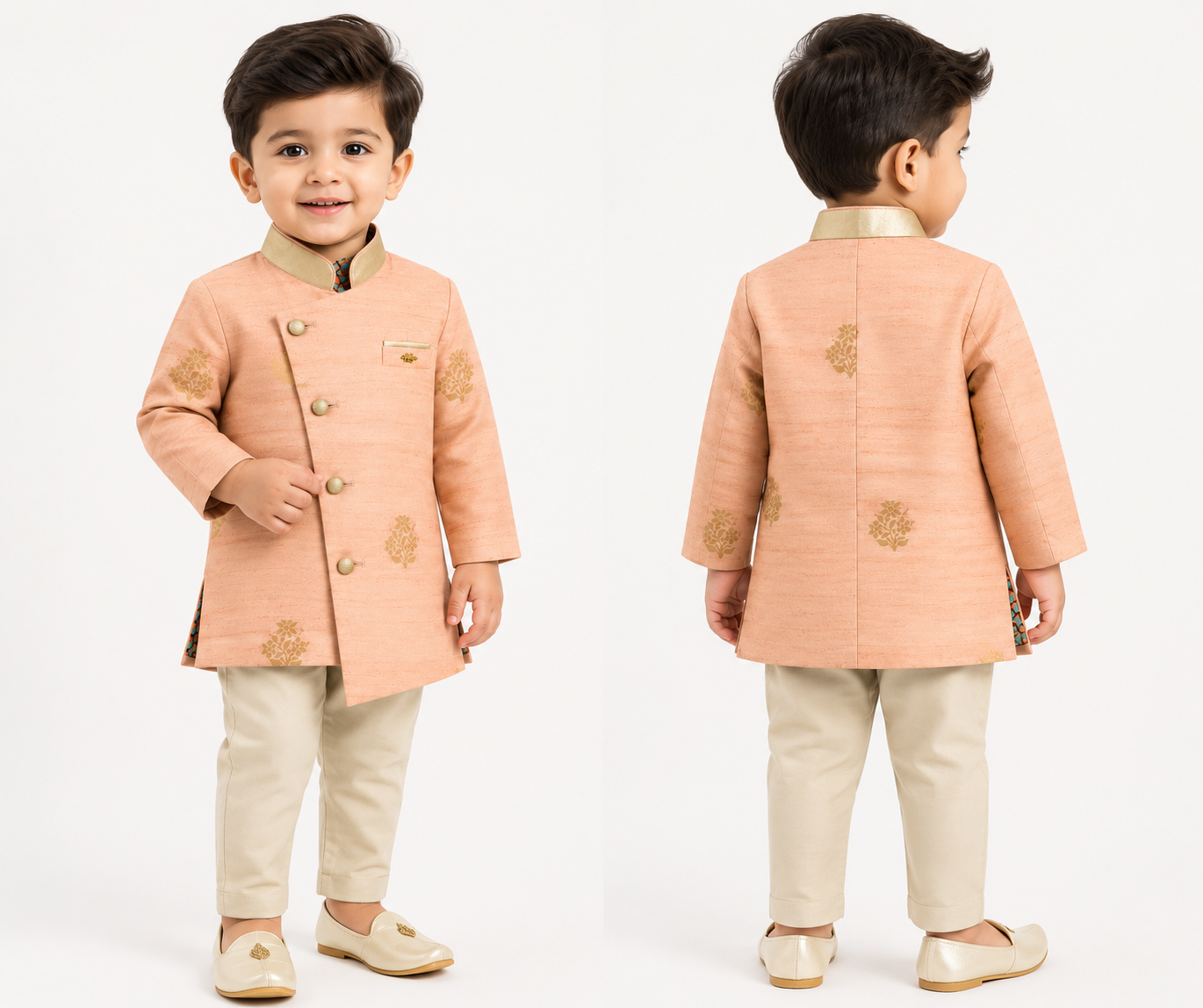 Boys Peach Designer Indo-Western Sherwani Set with Trouser