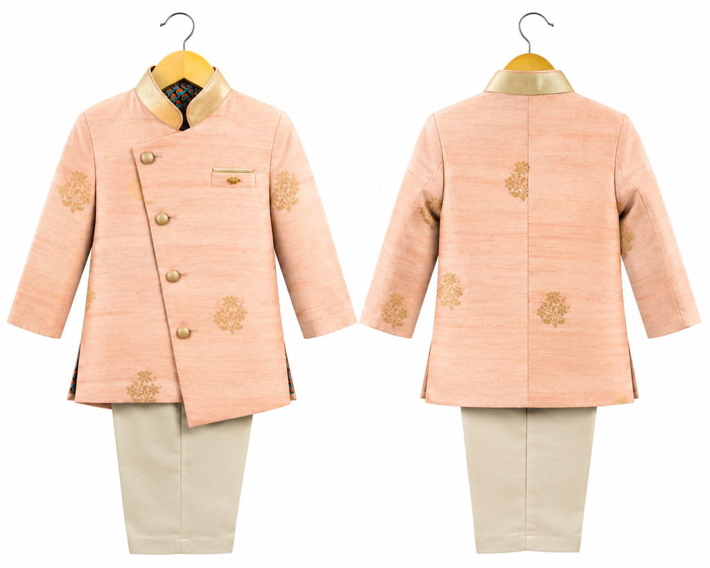 Boys Peach Designer Indo-Western Sherwani Set with Trouser