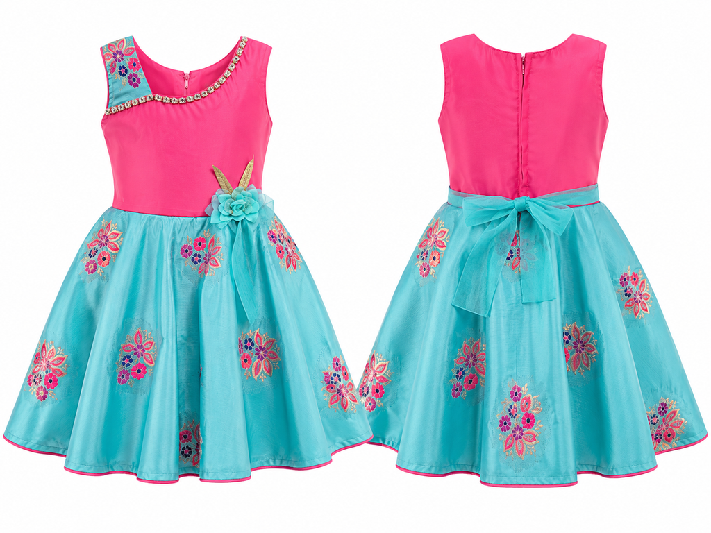 Girls Pink & Aqua Blue Embroidered Party Wear Dress