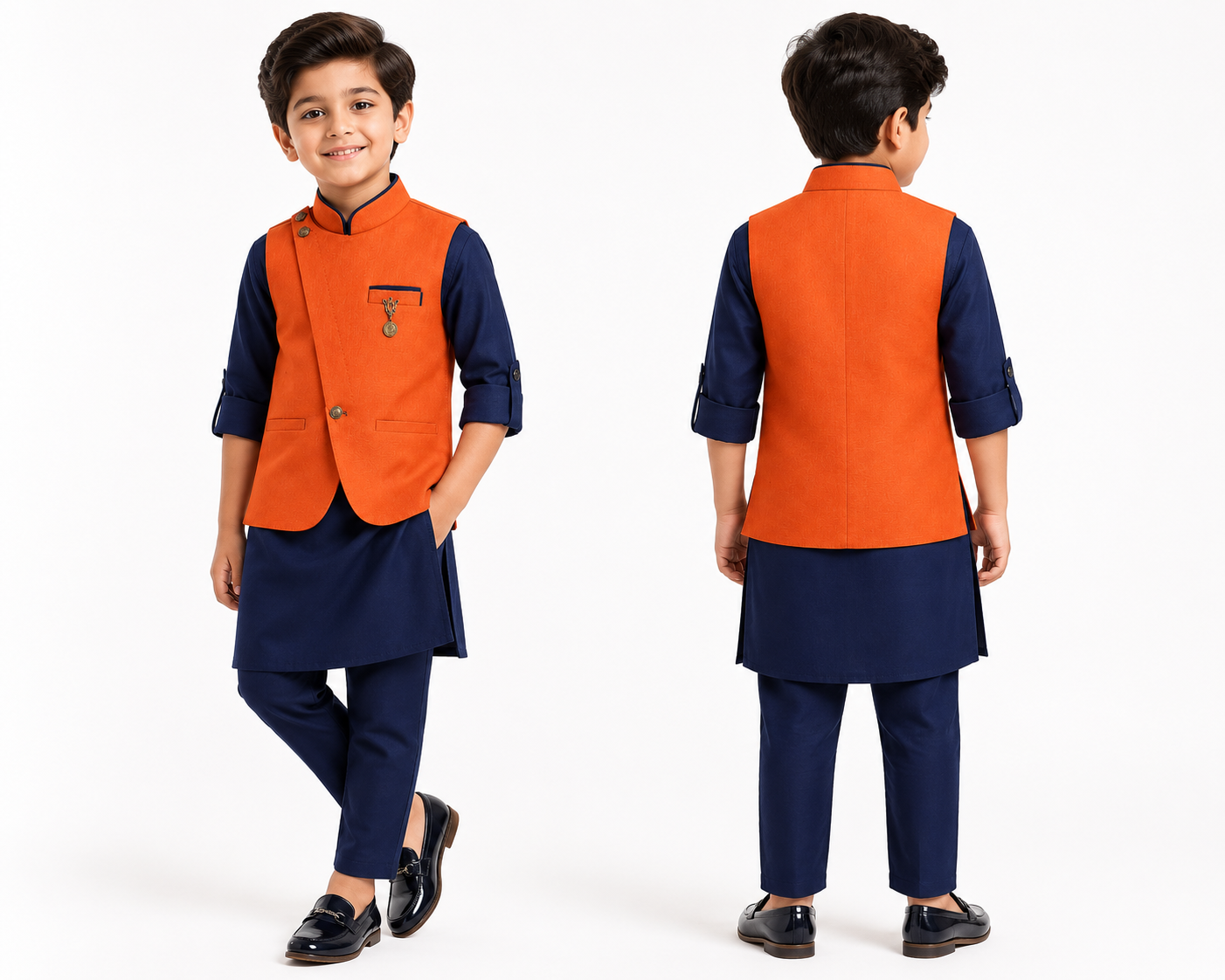 Boys Orange Nehru Jacket Kurta Pajama Set