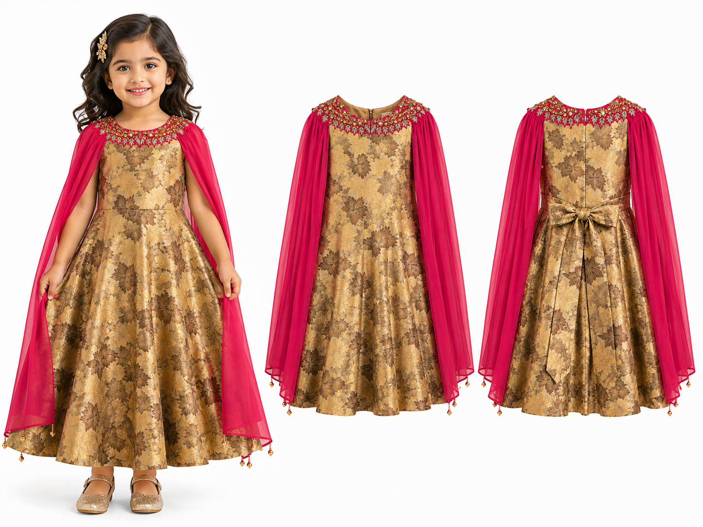 Girls Premium Cape Style Party Wear Gown Dress – Gold & Pink Designer Occasion Dress
