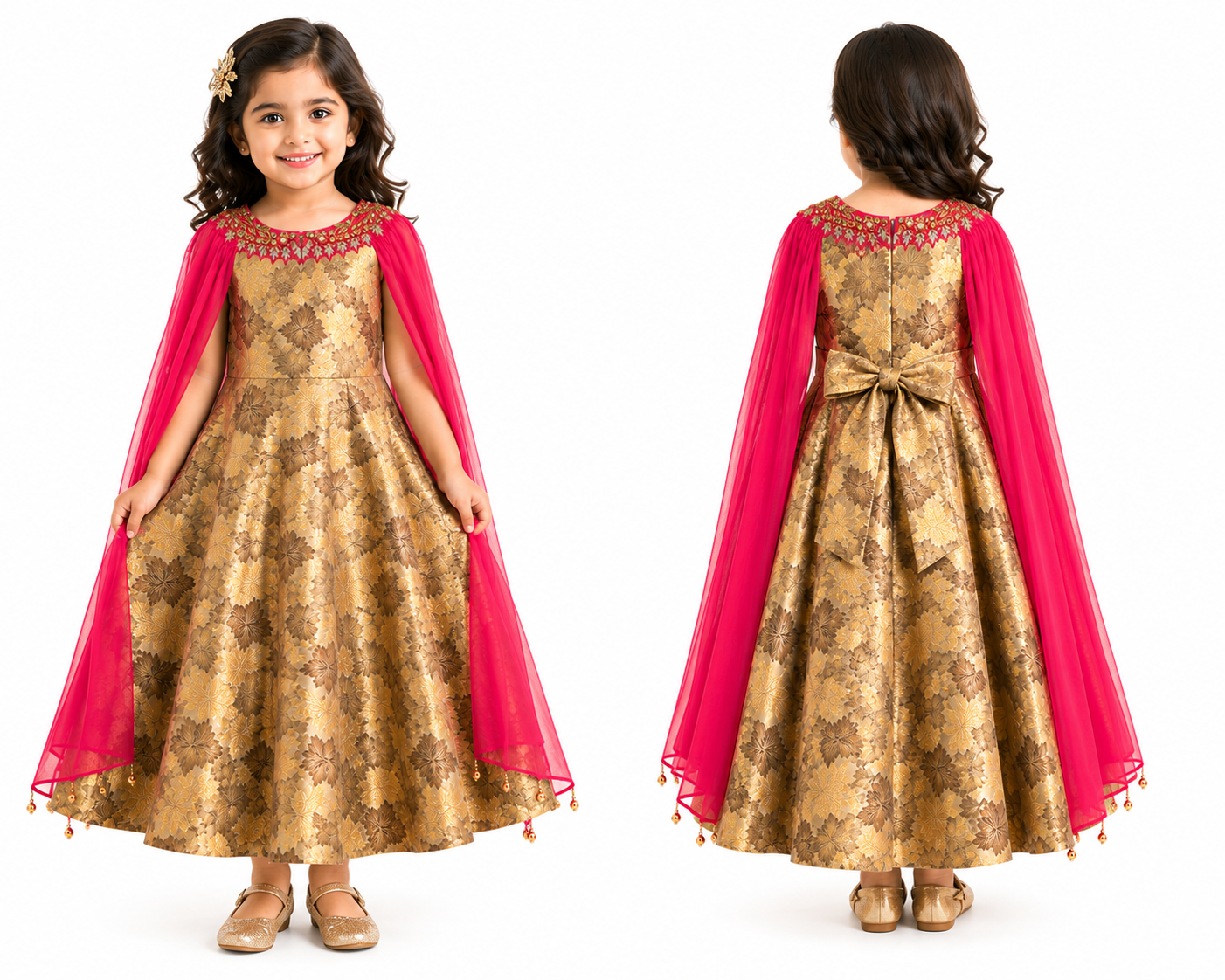 Girls Premium Cape Style Party Wear Gown Dress – Gold & Pink Designer Occasion Dress