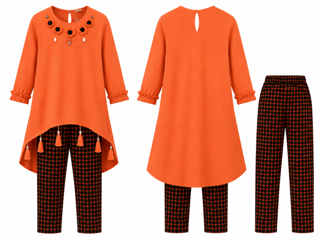 Girls Orange Embellished High-Low Tunic Top with Checkered Pants Co-Ord Set