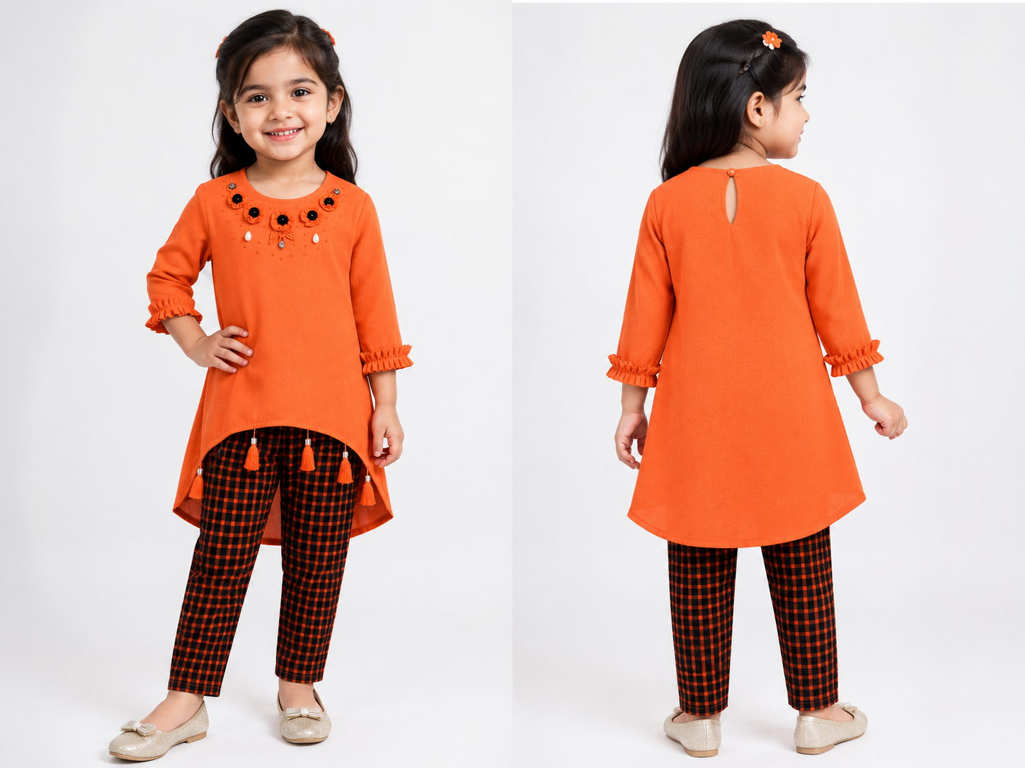 Girls Orange Embellished High-Low Tunic Top with Checkered Pants Co-Ord Set