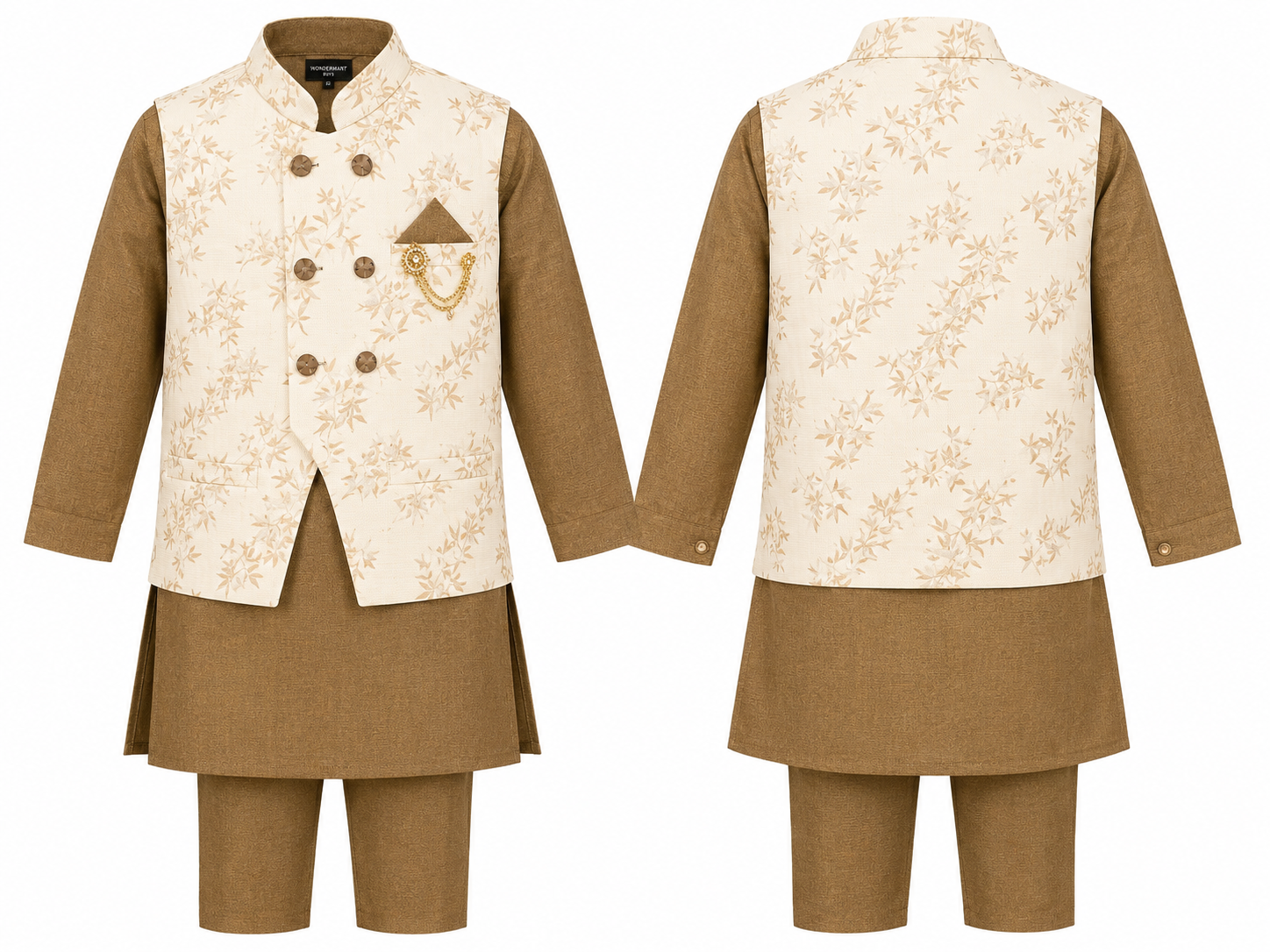 Boys Premium Floral Nehru Jacket Kurta Pajama Set – Cream & Olive Ethnic Party Wear