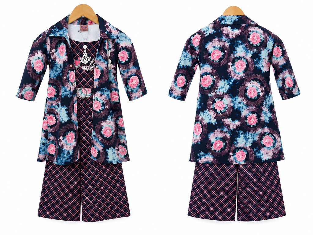 Girls Navy Blue Floral Printed Jacketwith Palazzo Pants