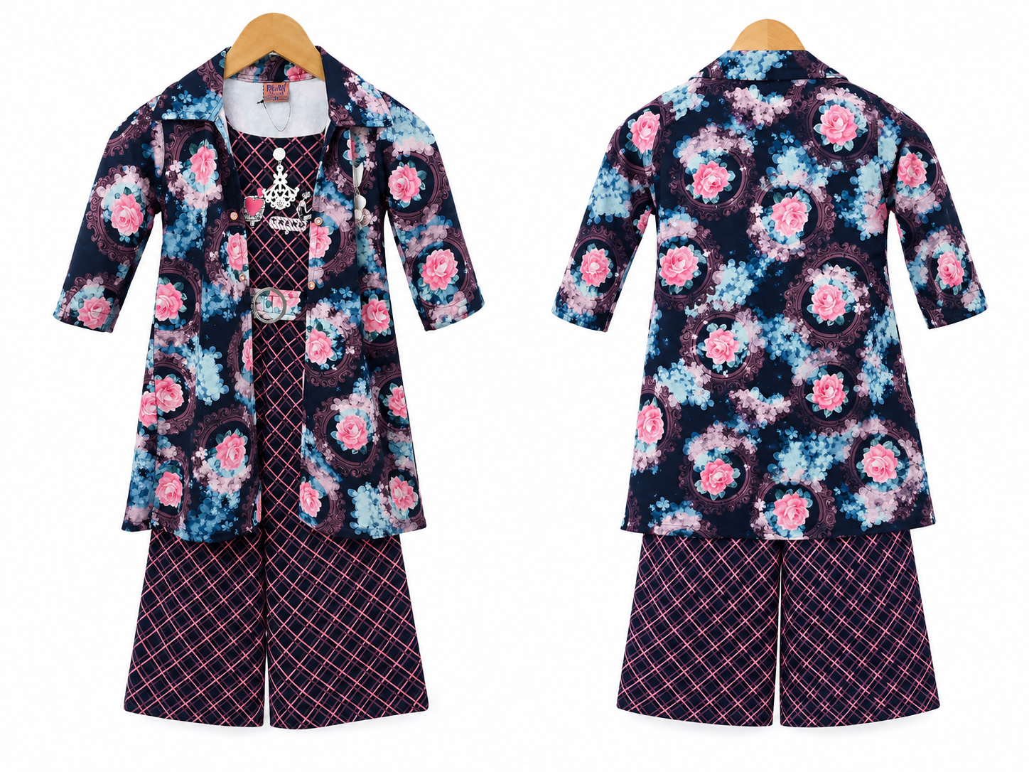 Girls Navy Blue Floral Printed Jacketwith Palazzo Pants