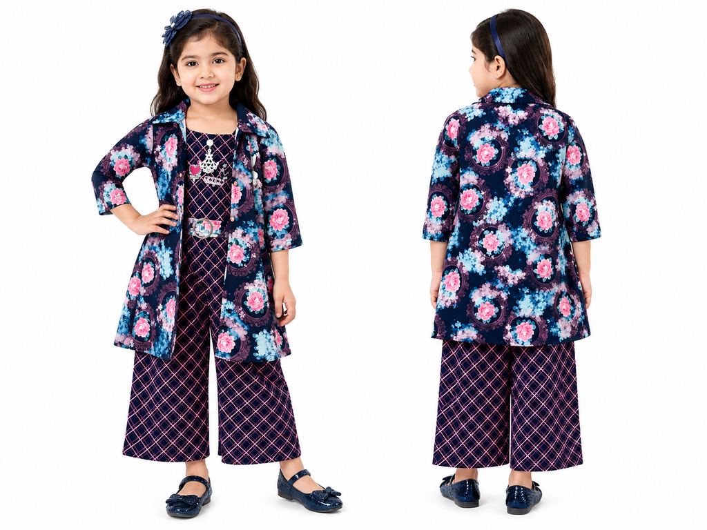 Girls Navy Blue Floral Printed Jacketwith Palazzo Pants
