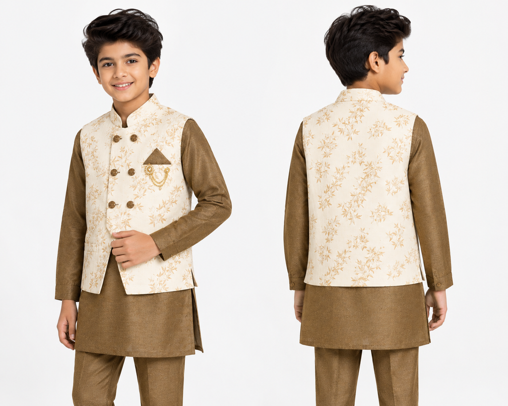 Boys Premium Floral Nehru Jacket Kurta Pajama Set – Cream & Olive Ethnic Party Wear