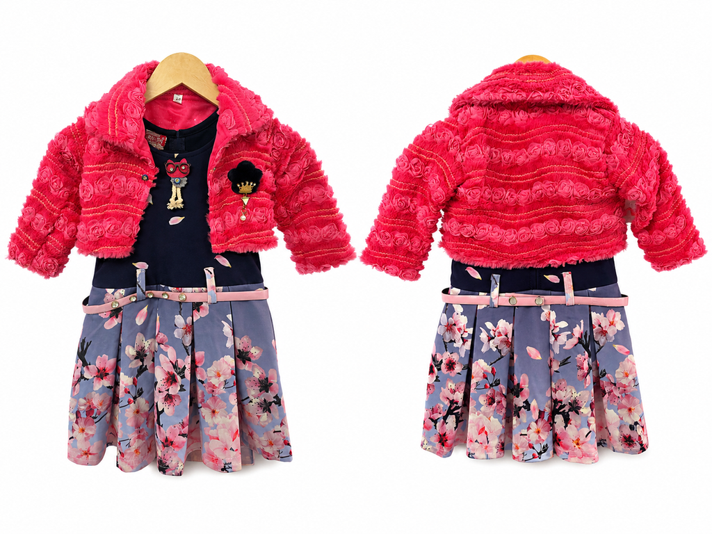 Girls Floral Frock with Pink Jacket – Party Wear Dress